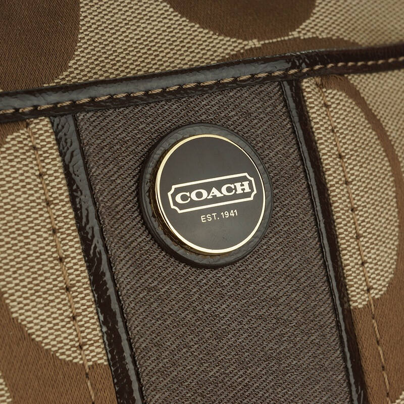 coach 蔻驰 女款卡其logo帆布配棕色竖条真皮包边斜挎包 48806 bkhma