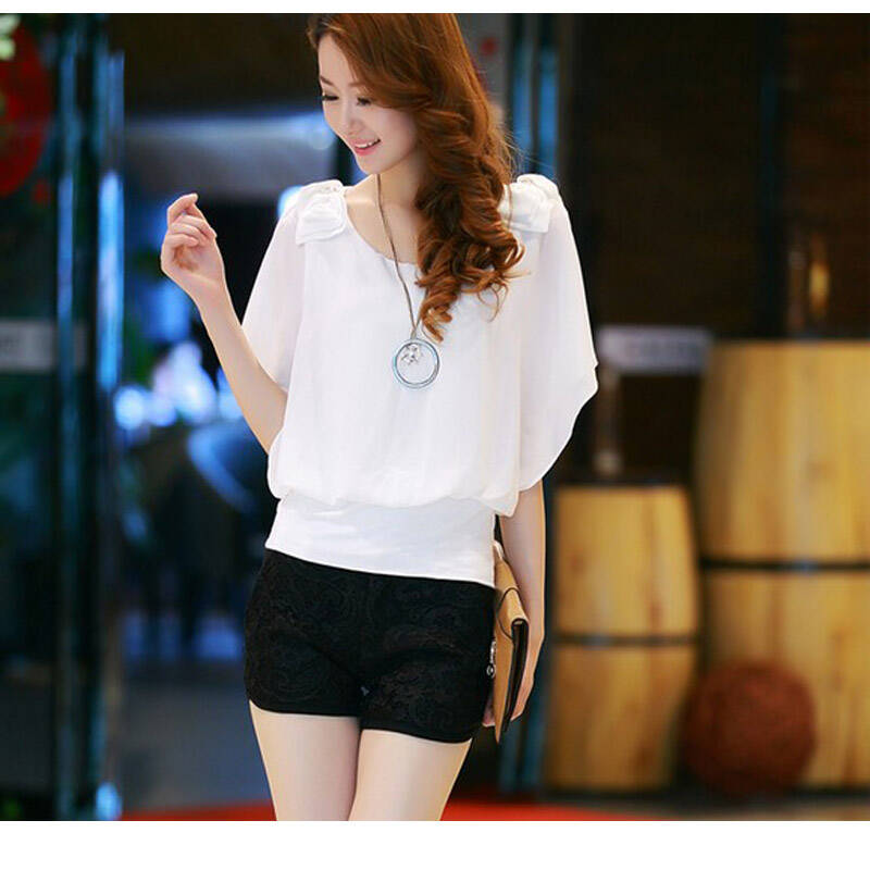 t-hill2014夏装新款女装韩版显瘦雪纺上衣 宽松荷叶边雪纺衫短袖 白色