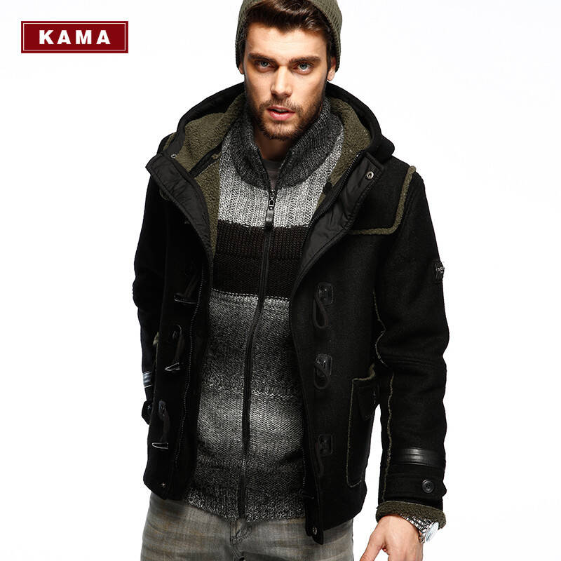 kama 卡玛 冬季男士时尚复古牛角扣百搭夹克外套 2413732 黑色 m(170