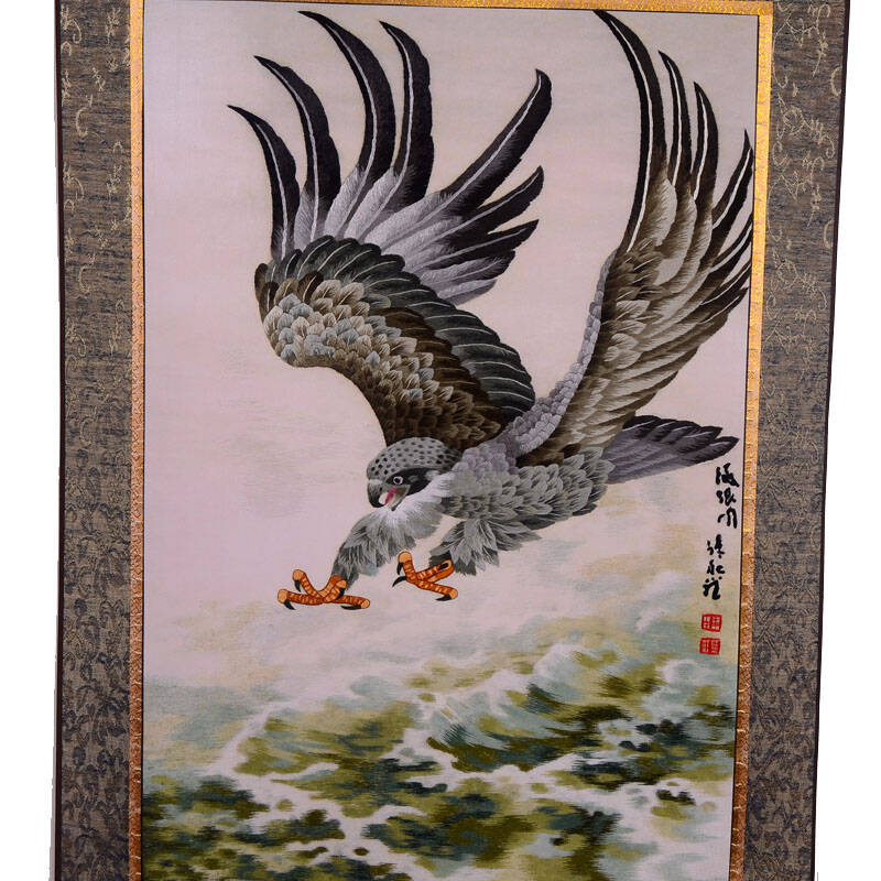 紫御刺绣工艺品办公室门厅装饰画大展宏图 一针一线手工绣鹰 开业礼品