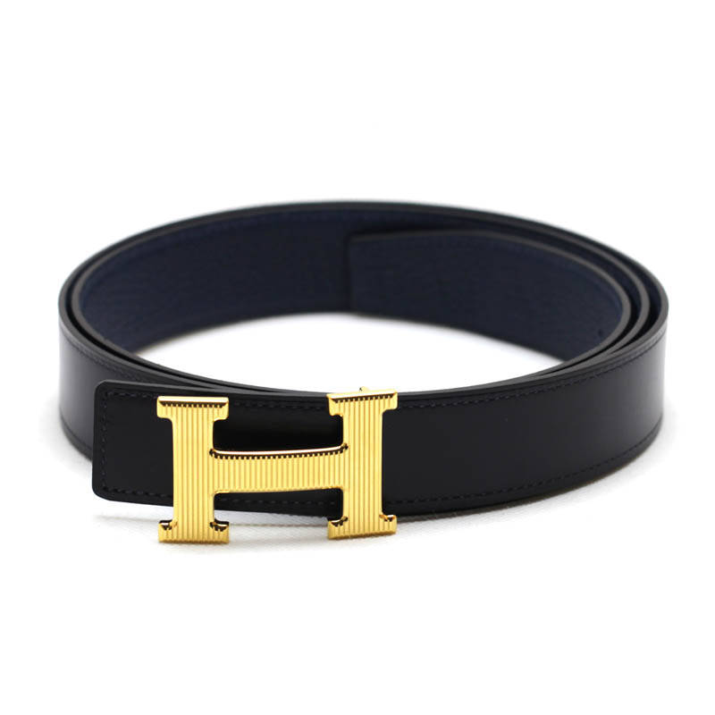 爱马仕 hermes 腰带 荔枝深蓝光面墨蓝金竖纹 85cm