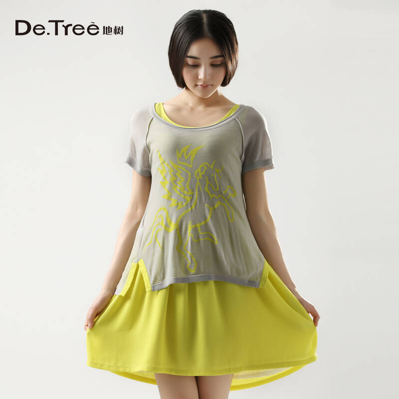 detree地树 2014新款女装夏印花针织衫两件套雪纺连衣裙2421226 灰色