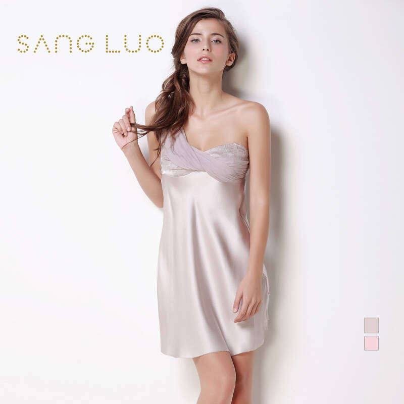 桑罗原创法式浪漫 100%桑蚕丝女士单肩吊带睡衣真丝睡裙 浅紫咖色 l