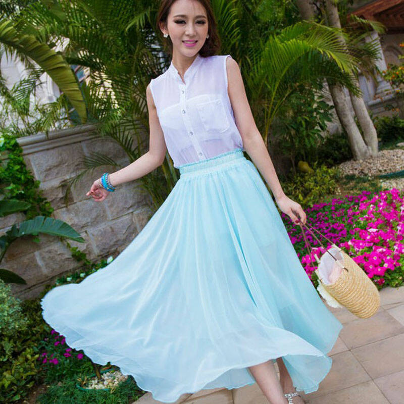 aishan2014夏季新款雪纺半身裙 波西米亚休闲大摆长裙
