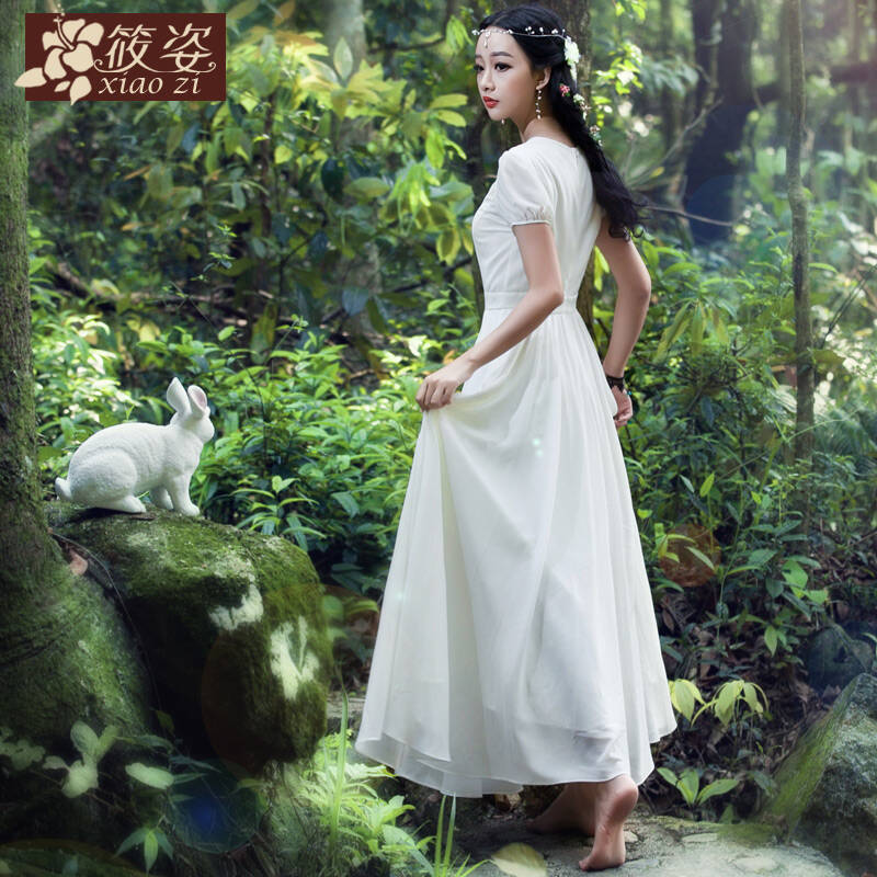 筱姿 凡尘清心2015夏季新款女装复古雪纺网纱显瘦连衣裙大摆长裙 米图片