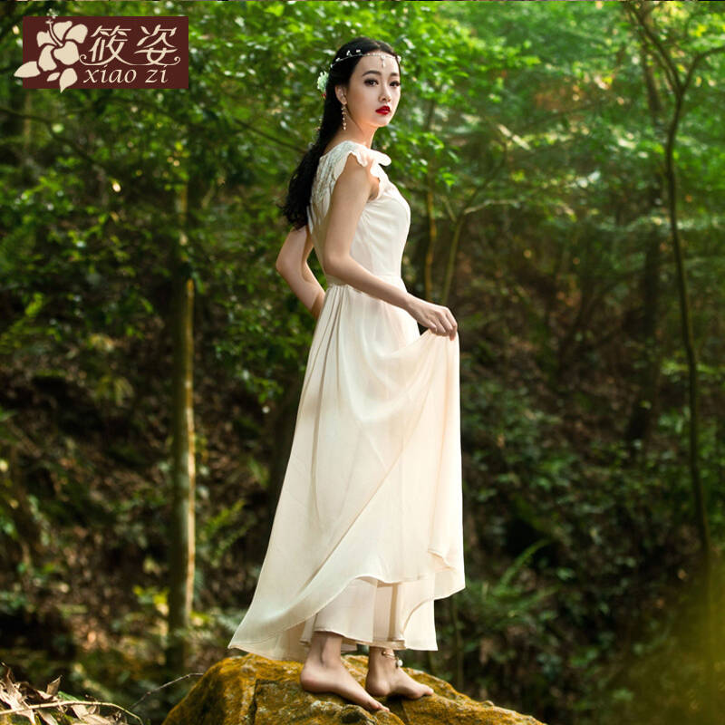 筱姿 情自阑珊2016春夏季新款女装复古雪纺蕾丝显瘦大摆长裙连衣裙 金