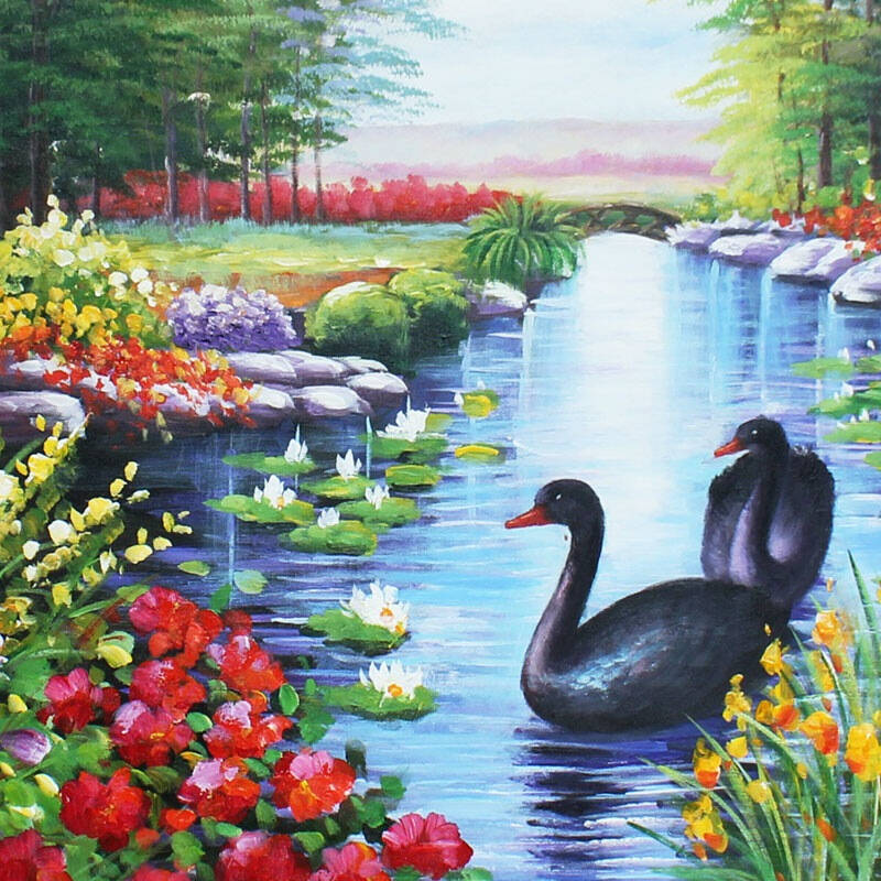 格丽油画 黑天鹅花园景画配亮银色画框75x105cm