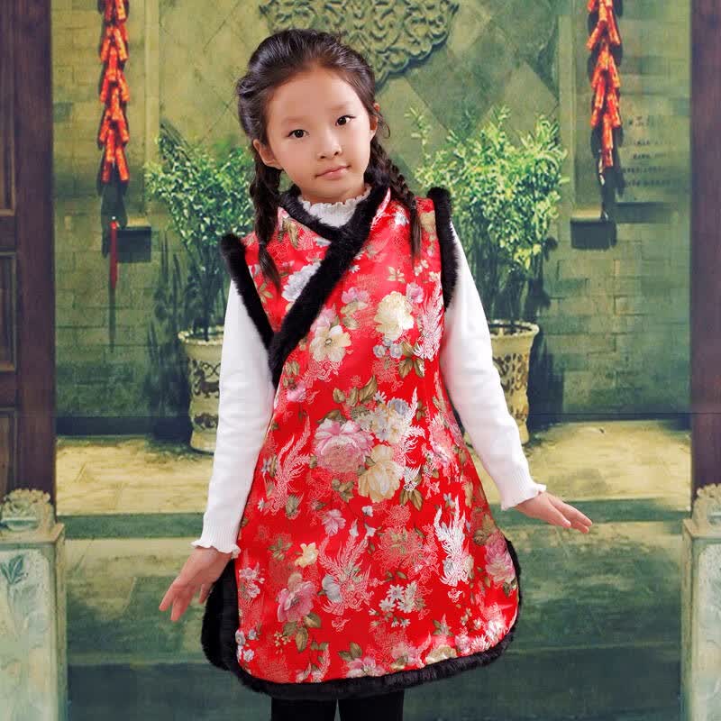 秋冬款童装女童礼服夹棉唐装演出服刺绣新年装旗袍吉祥大花 红色 150
