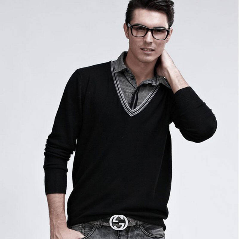 装新品英伦韩版男士假两件毛衣 时尚衬衫领 休闲针织衫 深灰色 l 黑色