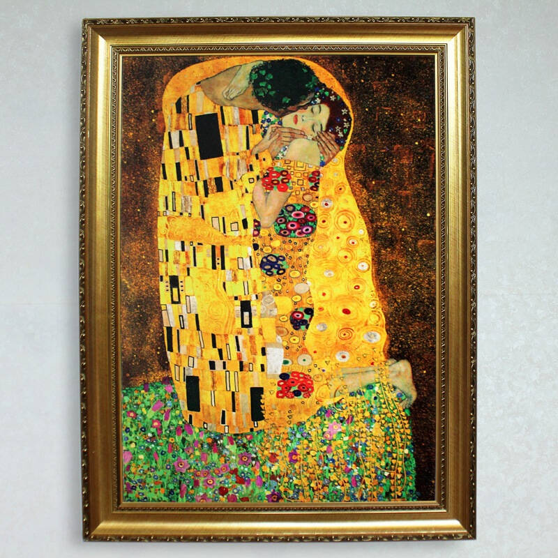 格丽油画 装饰人物画吻the kiss 临摩古名画配金色实木画框75x105cm