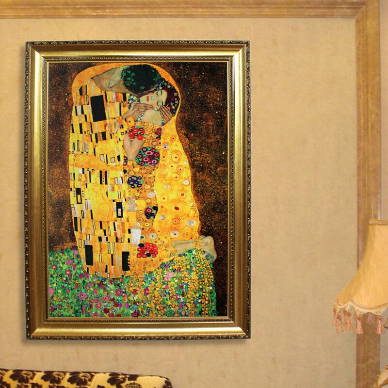 格丽油画 装饰人物画吻the kiss 临摩古名画配金色实木画框75x105cm