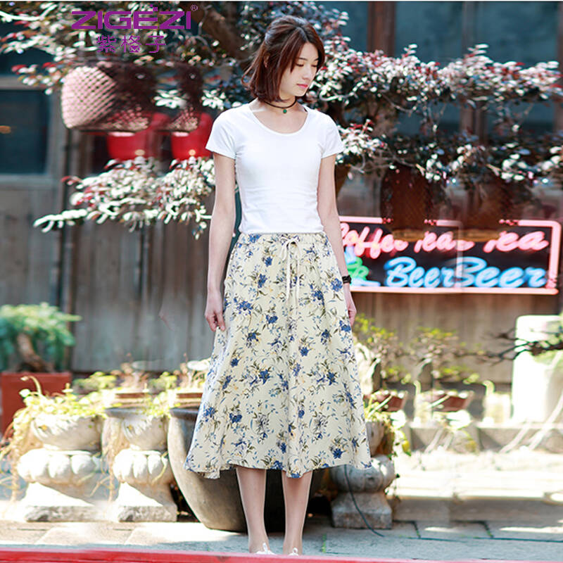 中长棉麻印花韩版伞裙民族风半身裙女装 牛仔蓝花s4306 s