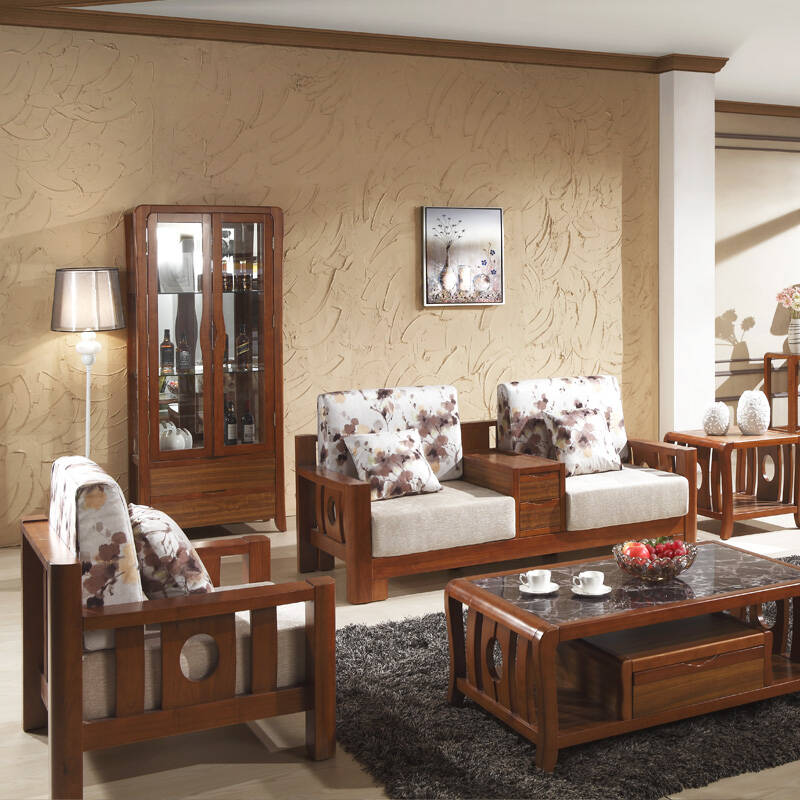 奇富 中式沙发橡木布艺沙发组合现代简约客厅沙发 虎斑木色 双扶手