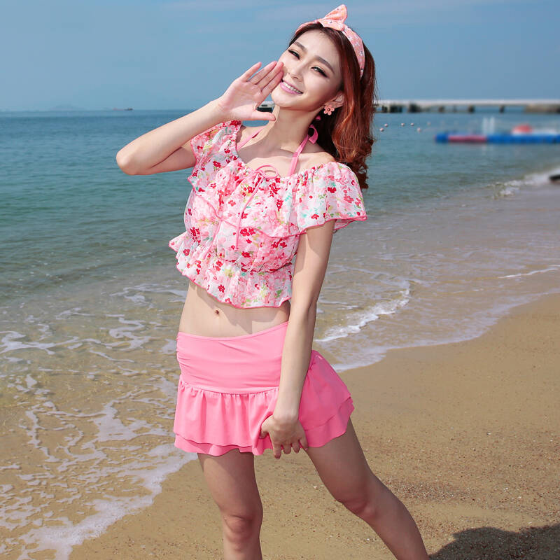 夏艳女士分体裙式游泳衣 保守韩国比基尼四件套 钢托小胸大聚拢温泉
