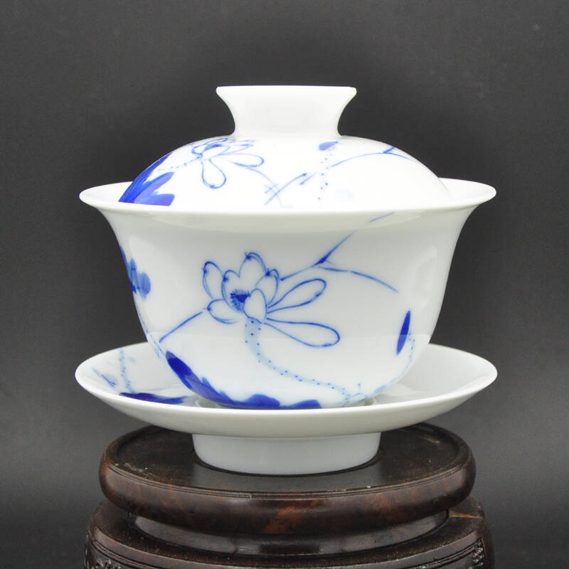 长物居景德镇 手绘青花瓷茶具 盖碗茶碗 三才盖碗 水杯陶瓷盖碗茶杯