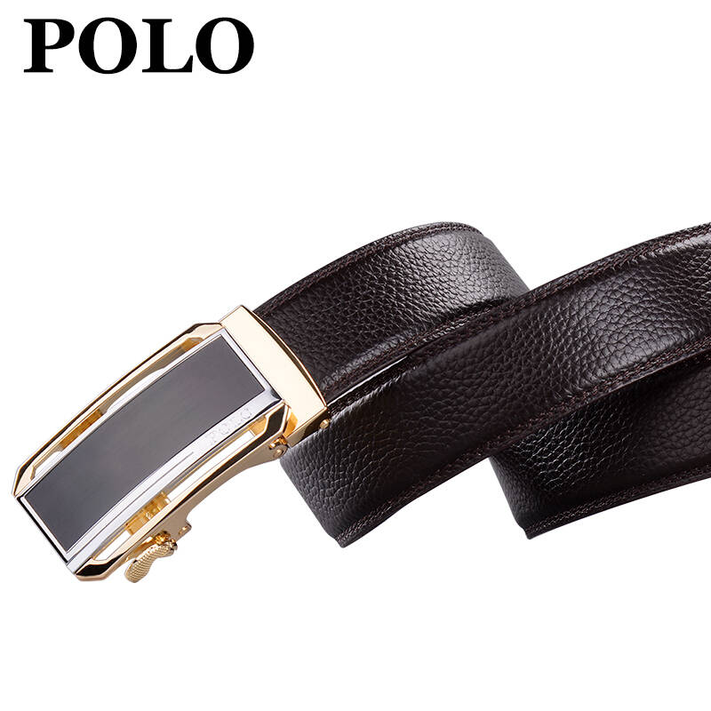美国polo 男士头层牛皮自动扣腰带真皮皮带010341-1 咖色金色自动扣