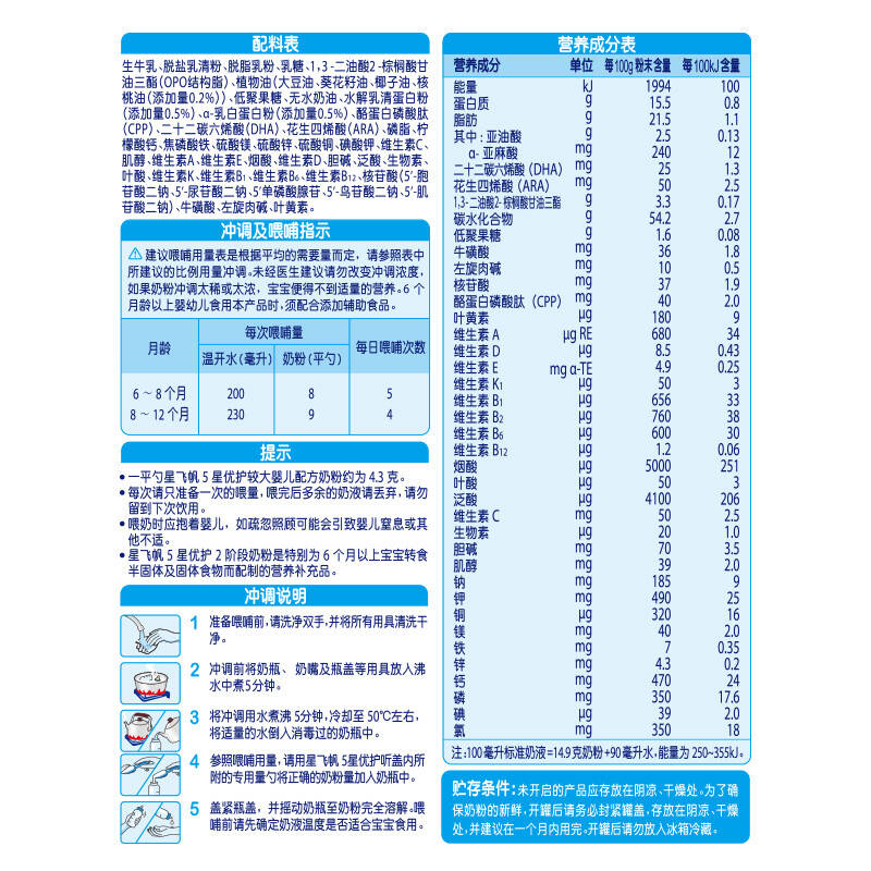 飞鹤(firmus)星飞帆较大婴儿配方奶粉2段700g(6-12个月适用)