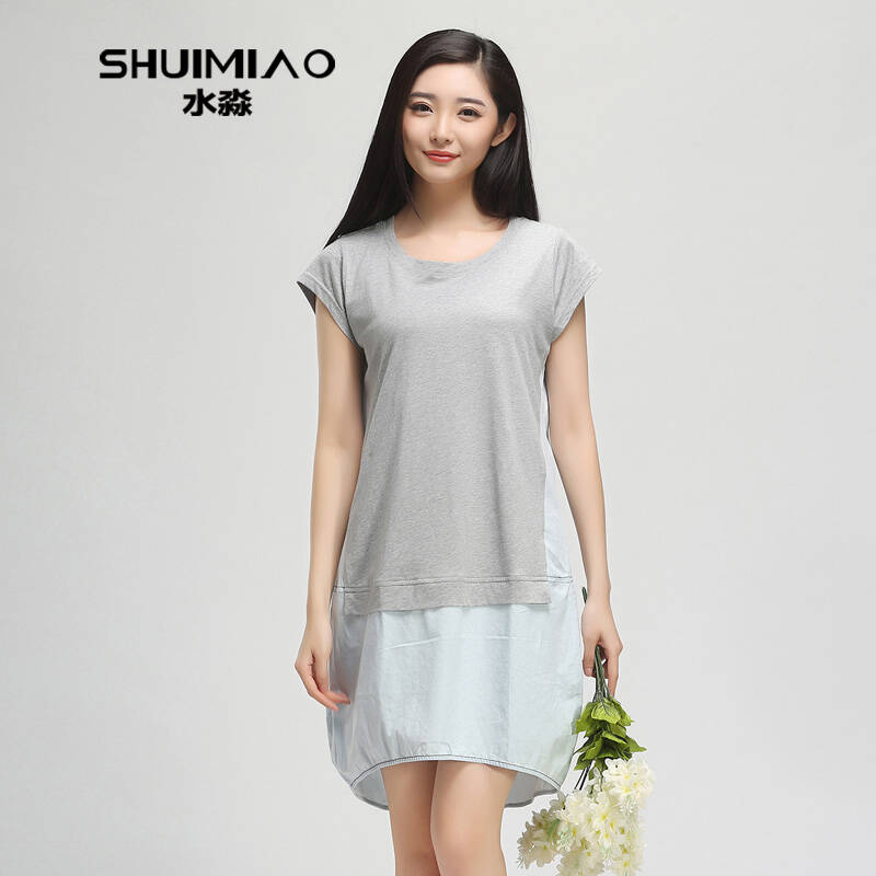 水淼女装2015年夏装新款胖mm加肥加大码短袖牛仔连衣裙s15xy5065 牛仔