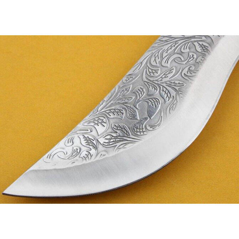 犀牛角武士刀月牙花纹扎花弯刀 压花表面一体龙骨手柄