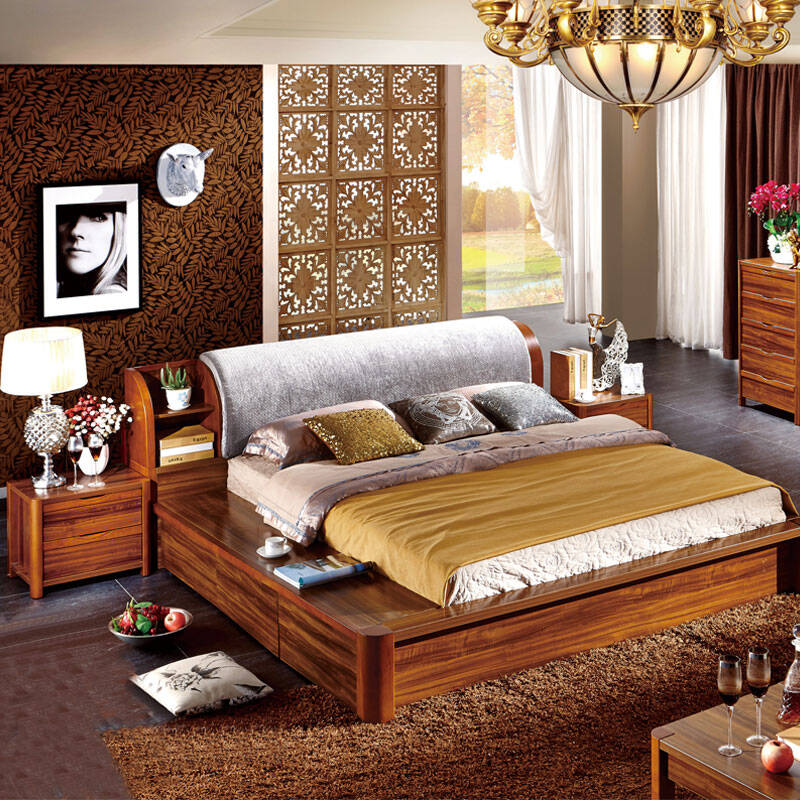 直觉家居柚木色大床 双人床 榻榻米实木床 现代新中式