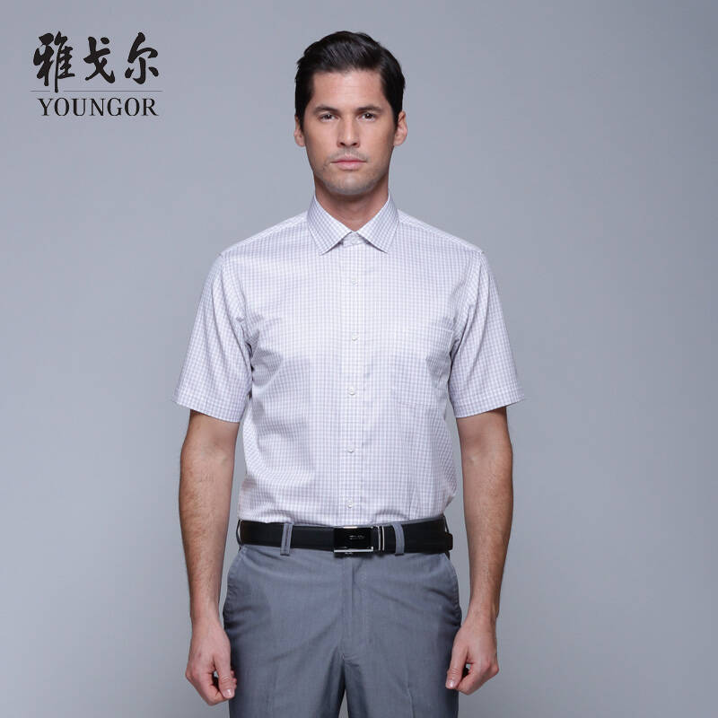 雅戈尔youngor正品男装粉紫格子 男士夏免烫短袖衬衫b