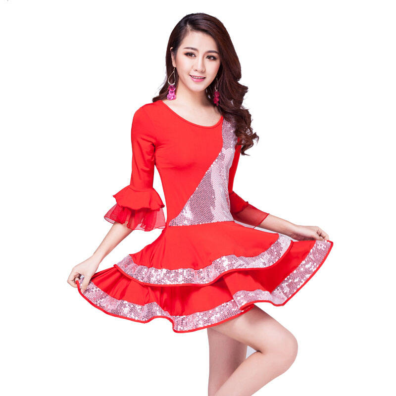 广场舞服装拉丁舞蹈服连衣裙套装新款套裙表演出服亮片春夏 lq02宝