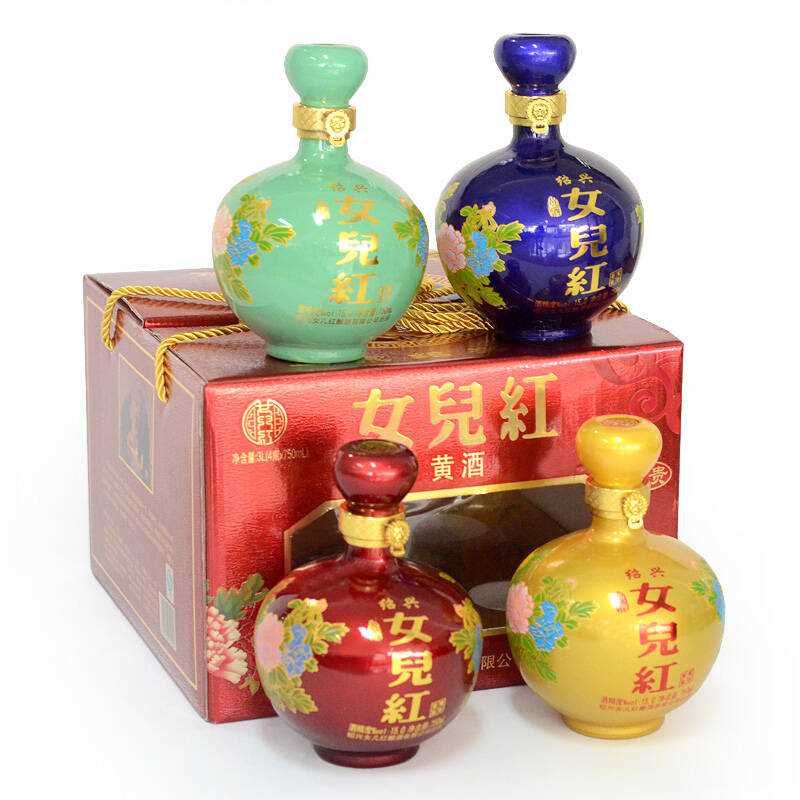 京东配送 绍兴黄酒女儿红尊贵童年窖藏花雕酒750ml*4坛 4色礼盒装