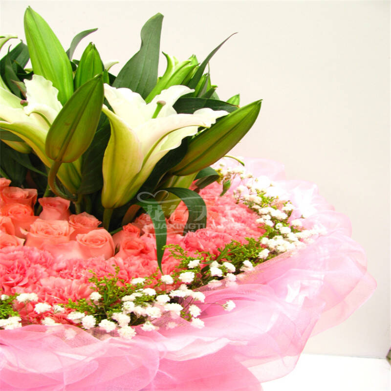 母亲节鲜花速递 生日鲜花快递 66朵粉康乃馨百合花束