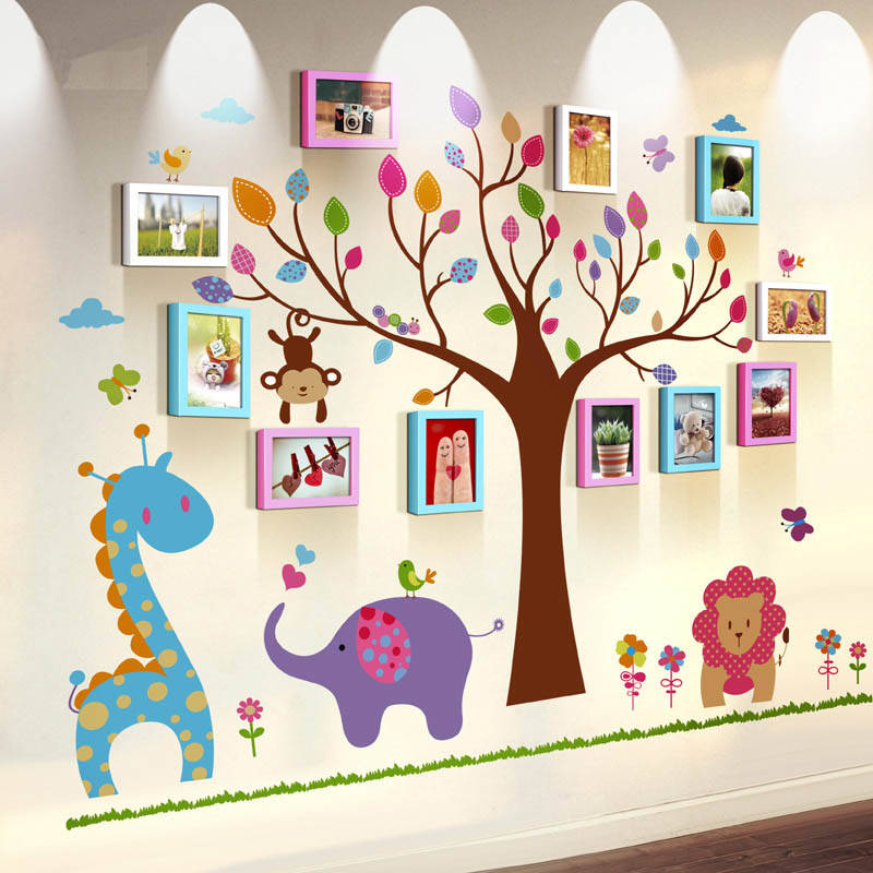 沐坤11框实木相框墙 墙贴画 卡通动物照片墙 艺术相框墙 儿童房幼儿园