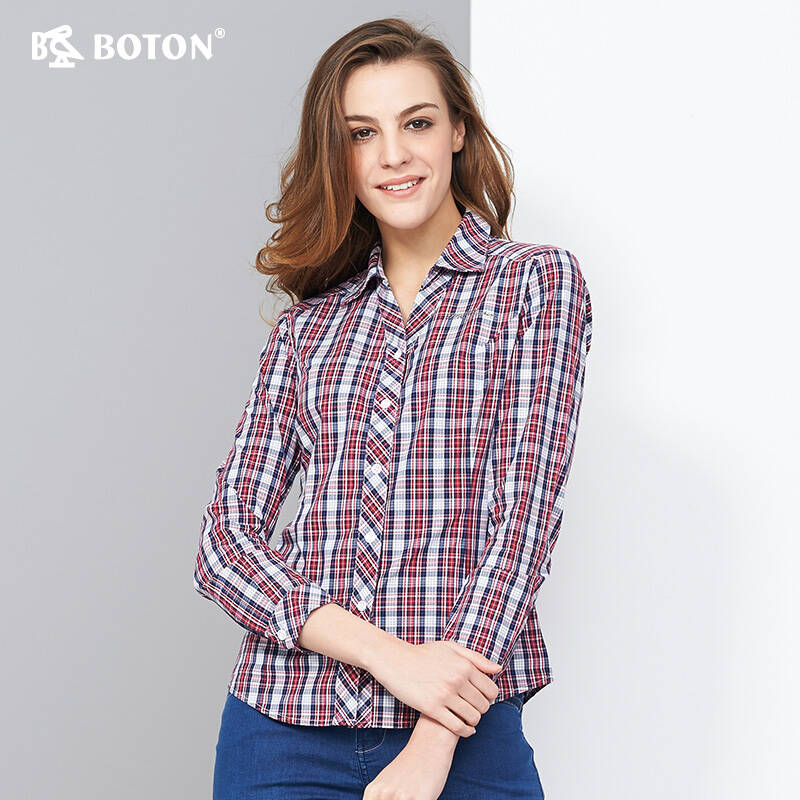 波顿boton女装全棉长袖格子衬衫 夏季红格纹休闲衫衬ls525 红格 xxl
