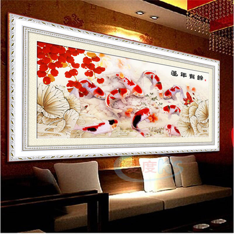 绣5d钻石画圆钻九鱼图点贴钻十字绣连年有余客厅装饰画 5d免烫钻石画