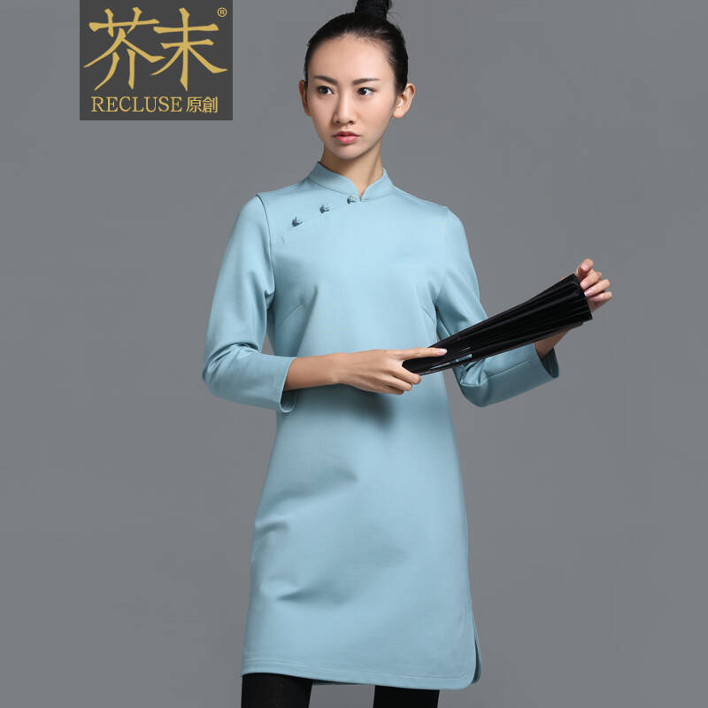 盘扣斜襟小立领改良旗袍女连衣裙女设计师秋冬连衣裙 天青色现货 xl