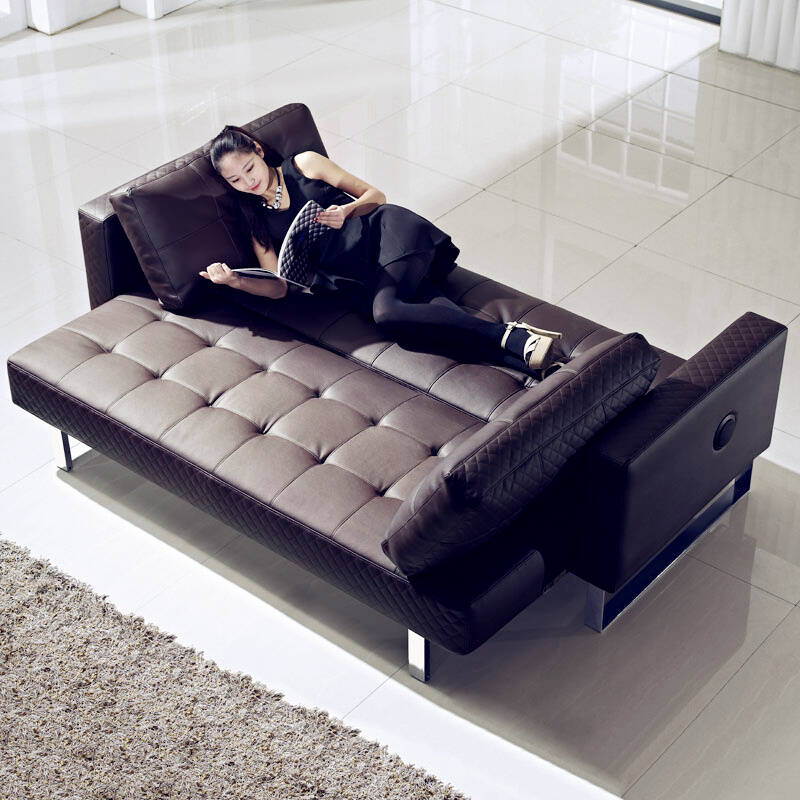 康沃思 手动 红外线电动沙发床 双人多功能沙发床 优质黑色皮革床 带