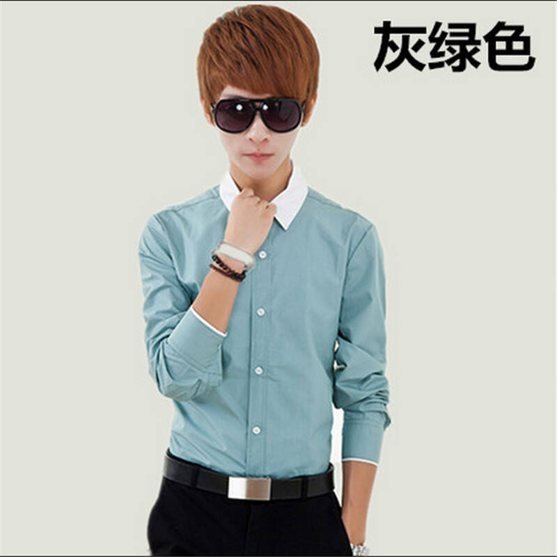 丹杰仕2015男士时尚休闲长袖衬衫 个性潮流男士长袖衬衫衬衣 灰绿色