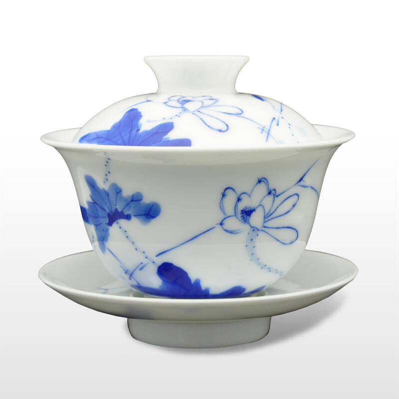 长物居景德镇 手绘青花瓷茶具 盖碗茶碗 三才盖碗 水杯陶瓷盖碗茶杯