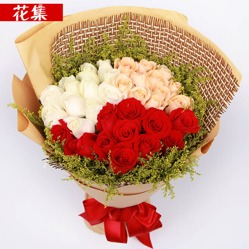 元旦新年礼物鲜花速递香槟粉红白玫瑰花束创意礼物送爱人全国北京杭州