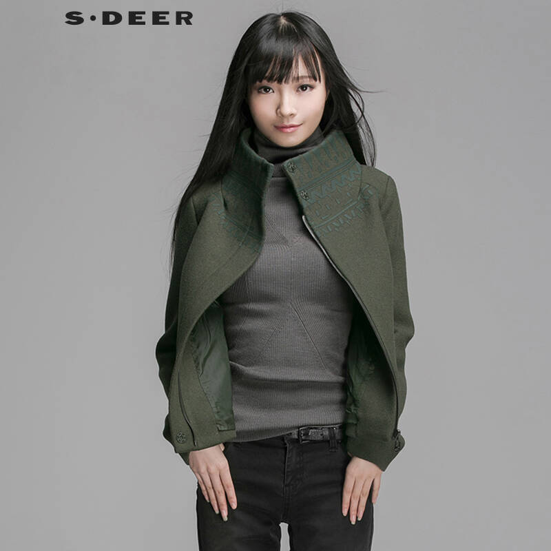 圣迪奥 sdeer 2015冬装新款宽幅几何拼皮装饰外套 深灰绿/98 s(160