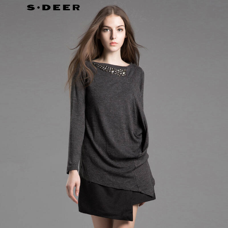 圣迪奥 sdeer 2015春装新款女装不规则摆宽松针织衫3380291 深灰 m