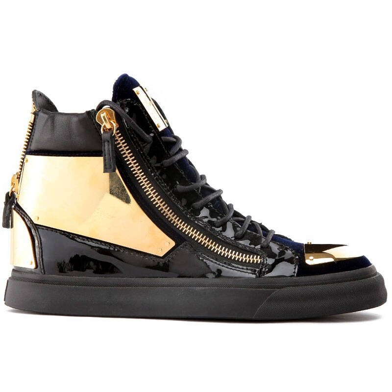 giuseppe zanotti(朱塞佩·萨诺第 男士黑金双拉链金属头漆皮休闲鞋