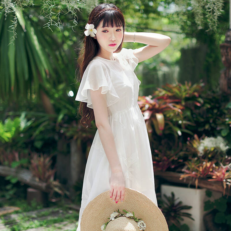 家木木家2016夏装新款淑女气质荷叶袖高腰图案刺绣长裙连衣裙 白色 xs