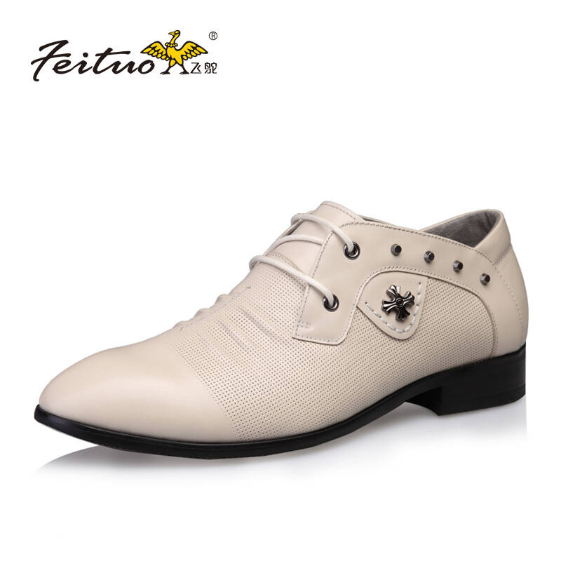 飞鸵 商务休闲男鞋白色英伦尖头系带潮流皮鞋
