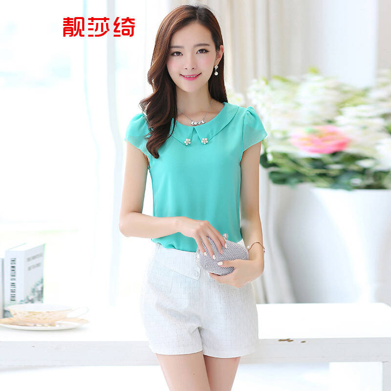 雪纺衫女2015夏宽松韩版女装新款衣服显瘦大码短袖雪纺上衣y4502 青色