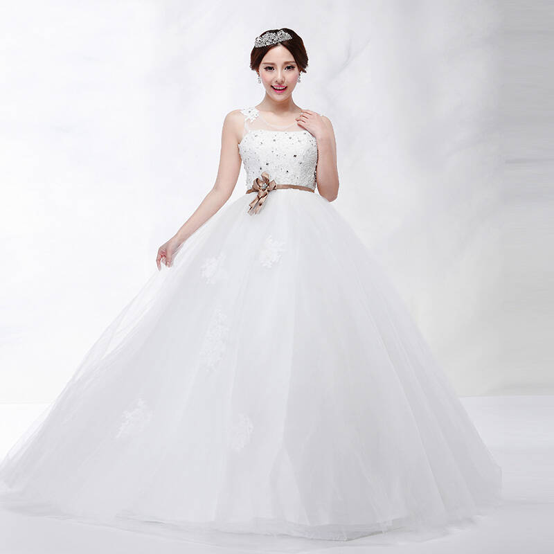 礼服新款2014 韩版公主新娘性感绑带一字肩高腰大码婚纱h14005 白色