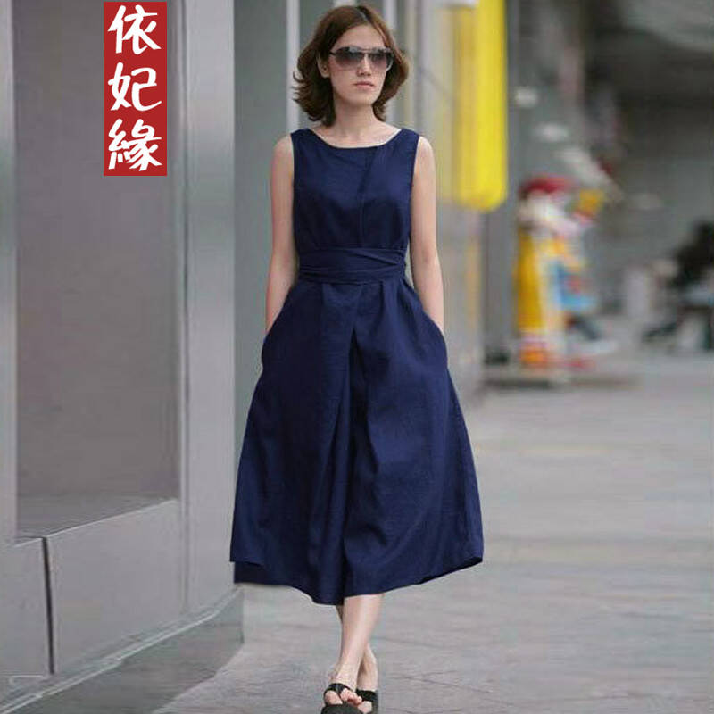 A310#亚麻棉麻宽松连衣裙【送布腰带】 蓝色 XL - 京东