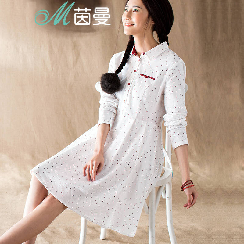 茵曼 春装新款淑女撞色波点印花半开襟长袖连衣裙【8511010258】 雾白
