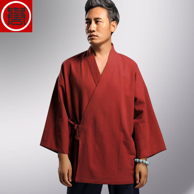 驰誉秋季中国风亚麻男士复古汉服男斜襟开衫休闲唐装男士上衣茶服 桔