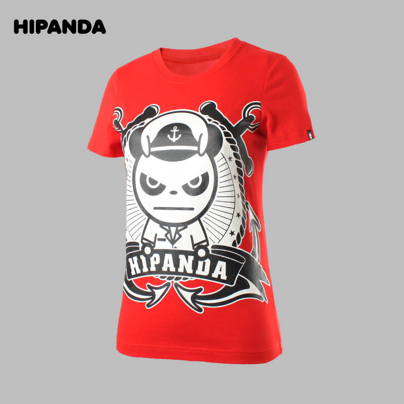 hipanda 设计潮牌 情侣女款 熊猫船长圆领t恤 红色 155/s