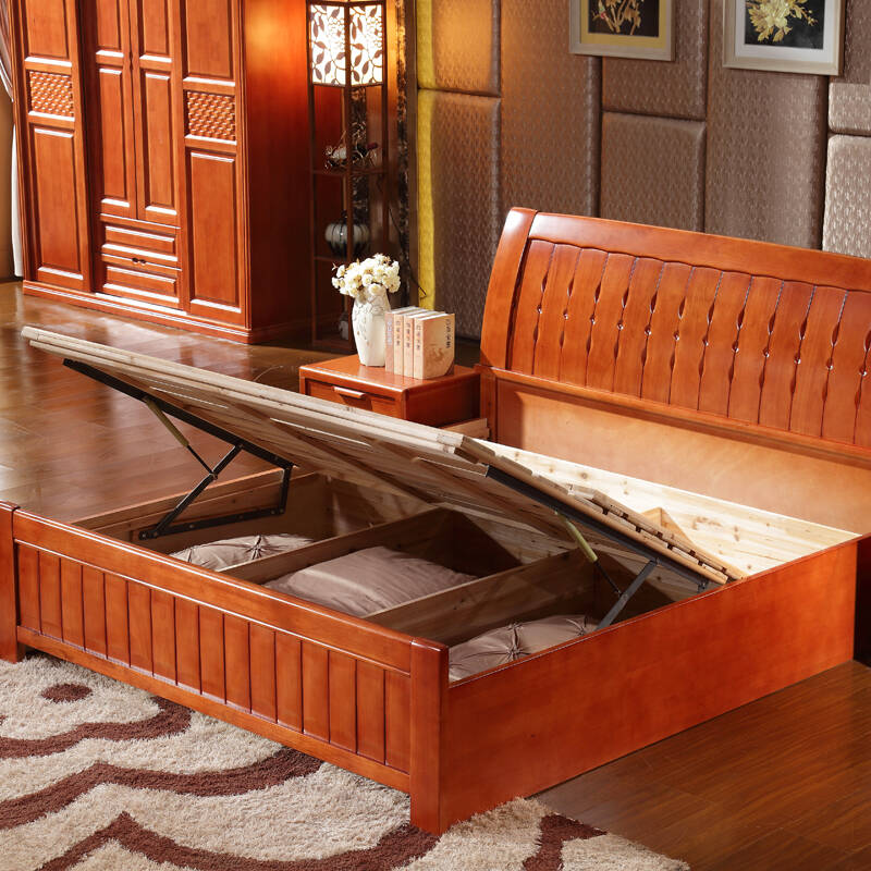 5米简约现代中式实木家具 婚床双人床橡胶木床 901 海棠色普通床 床垫