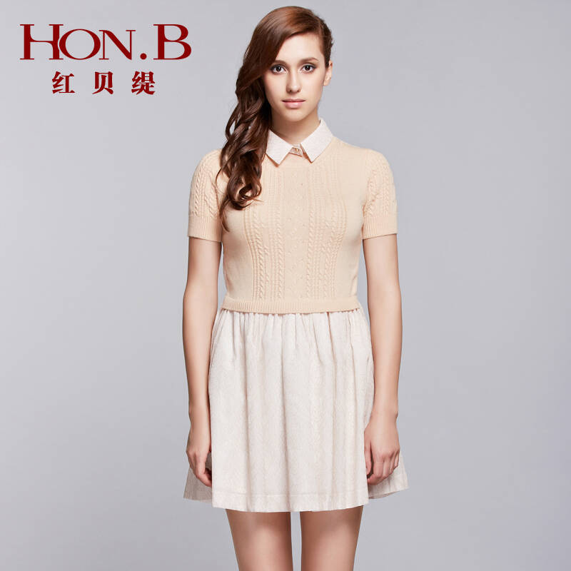 honb/红贝缇秋季新品女装衬衫领短袖针织衫连衣裙百褶