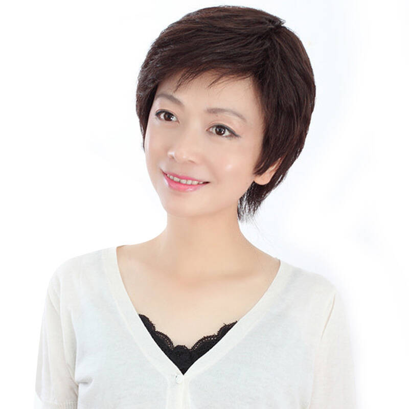 玫瑰雨14秋新女士中老年假发短发女全手织真发短发卷发气质斜刘海 真